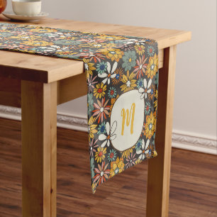 Retro Floral Brown Gold Teal Personalized Long Table Runner