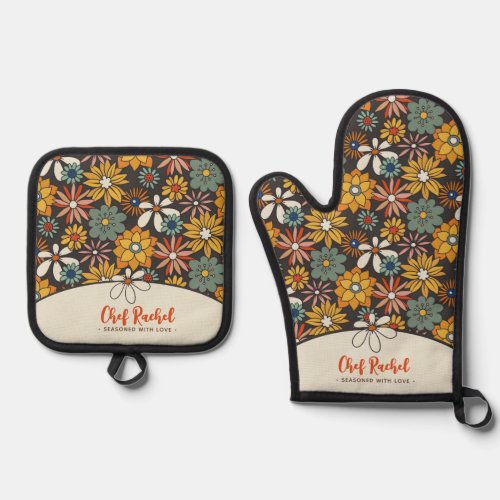 Retro Floral Brown Gold Teal Personalized  Oven Mitt  Pot Holder Set