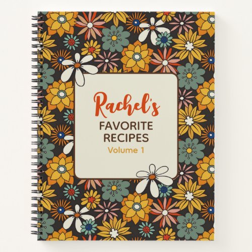 Retro Floral Brown Gold Teal Personalized Recipe Notebook
