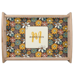 Retro Floral Brown Gold Teal Personalized Serving Tray