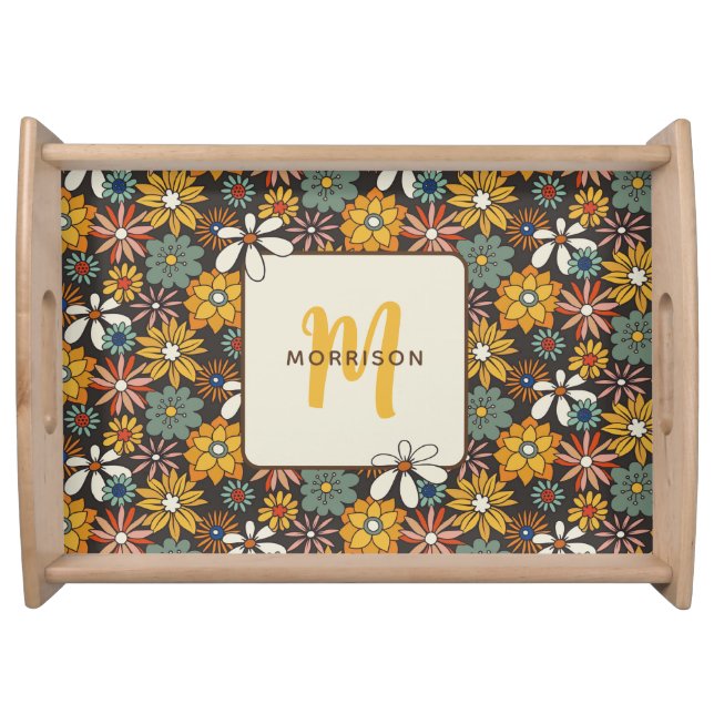 Retro Floral Brown Gold Teal Personalized  Serving Tray (Front)