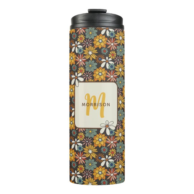 Retro Floral Brown Gold Teal Personalized  Thermal Tumbler (Front)
