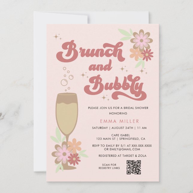 Retro Floral Brunch and Bubbly Bridal Shower  Invitation (Front)