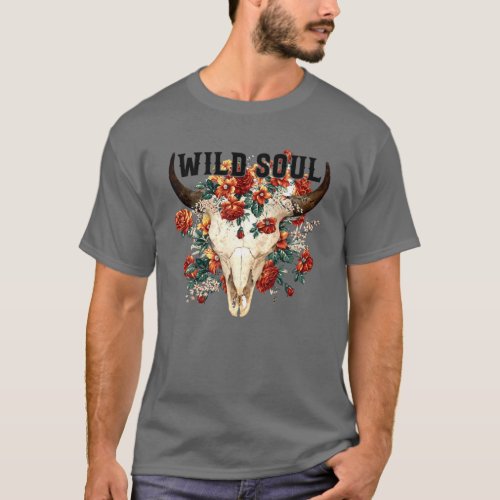 Retro Floral Bull Skull Wild Soul Hippie Western C T_Shirt