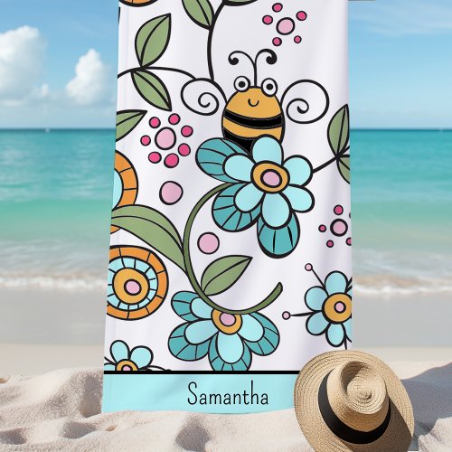 Retro Floral Bumble Bee Personalized Beach Towel