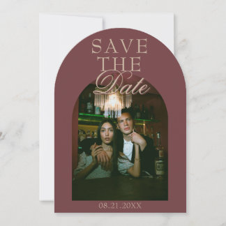 Retro Floral Burgundy Beige Photo Arched Wedding Save The Date
