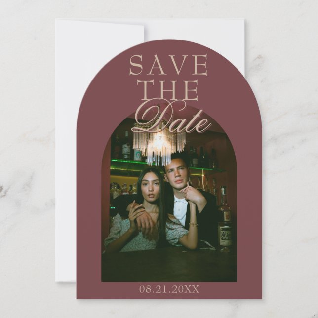 Retro Floral Burgundy Beige Photo Arched Wedding Save The Date (Front)
