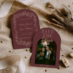 Retro Floral Burgundy Beige Photo Arched Wedding Save The Date