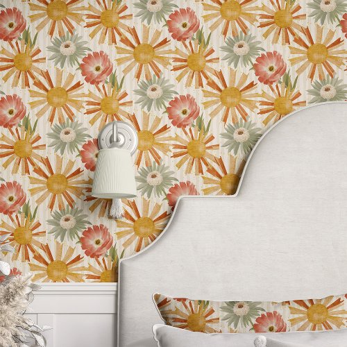 Retro Floral Burst On Beige Wallpaper