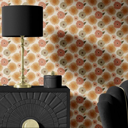 Retro Floral Burst On Cream Wallpaper