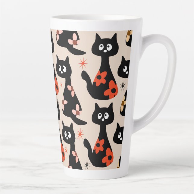 Retro Floral Cats (Soft Beige)  Latte Mug (Right)
