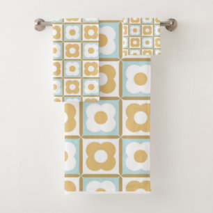Retro Floral Checker Pattern Aqua, Gold Yellow Bath Towel Set