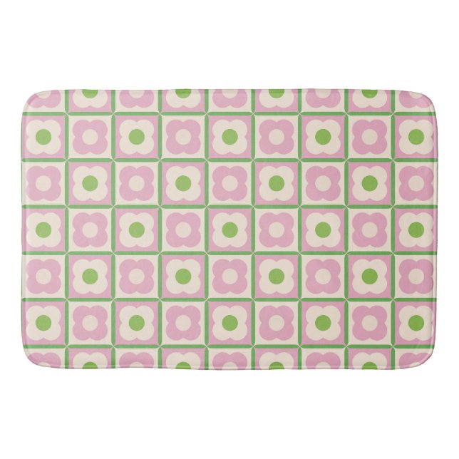 Retro Floral Checker Pattern Pink and Green Bath Mat (Front)