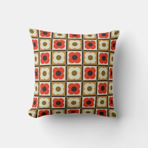 Retro Floral Checker Pattern Red Burnt Orange Throw Pillow