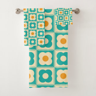 Retro Floral Checker Pattern Teal, Cream, Orange Bath Towel Set