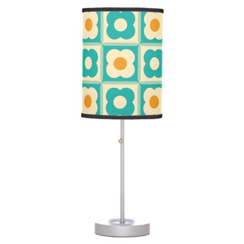 Retro Floral Checker Pattern Teal Cream Orange Table Lamp
