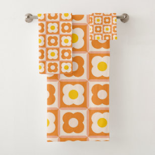 Retro Floral Checker Pattern Yellow, Orange Bath Towel Set