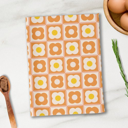 Retro Floral Checker Pattern Yellow Orange Kitchen Towel