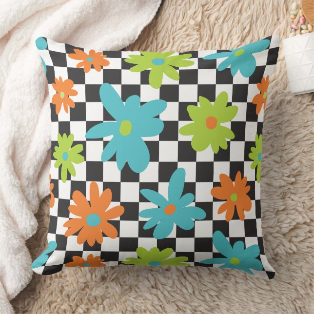 Retro Floral Checkerboard Grid Pattern Throw Pillow (Blanket)