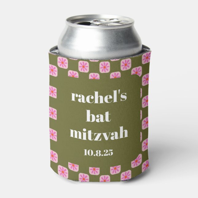Retro Floral Checkerboard Pink Green Bat Mitzvah  Can Cooler (Can Front)