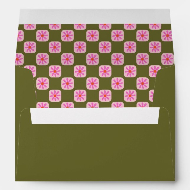 Retro Floral Checkerboard Pink Green Bat Mitzvah  Envelope (Back (Bottom))