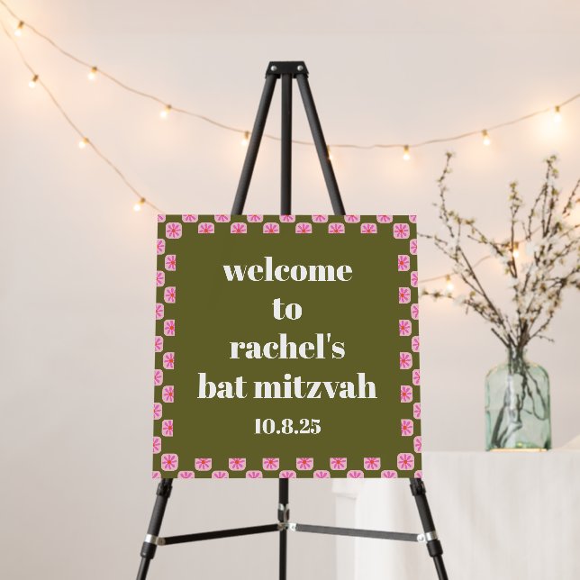 Retro Floral Checkerboard Pink Green Bat Mitzvah  Foam Board (In Situ (Stand))