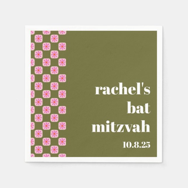 Retro Floral Checkerboard Pink Green Bat Mitzvah  Napkins (Front)