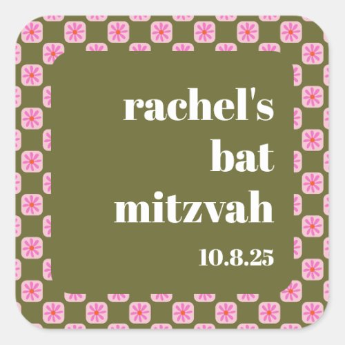 Retro Floral Checkerboard Pink Green Bat Mitzvah  Square Sticker