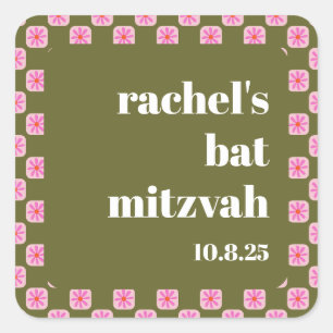 Retro Floral Checkerboard Pink Green Bat Mitzvah  Square Sticker