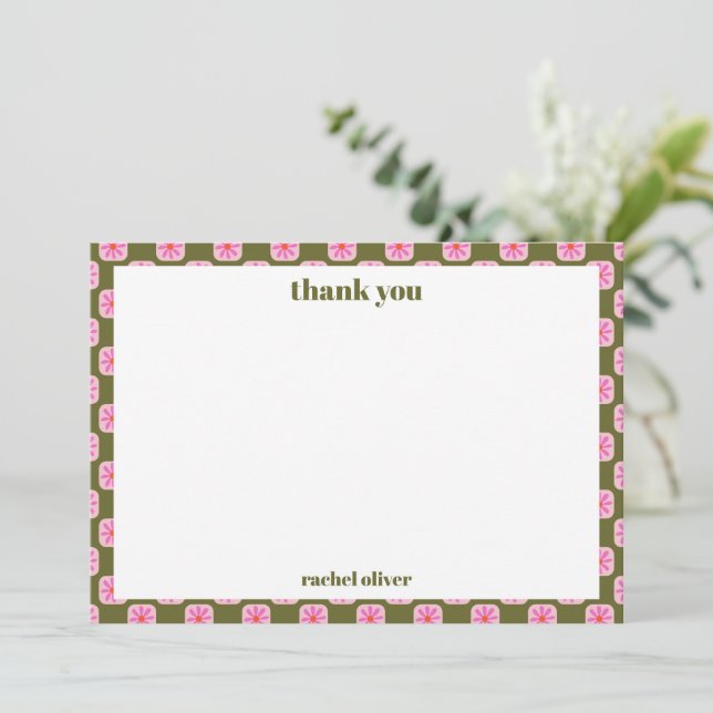 Retro Floral Checkerboard Pink Green Bat Mitzvah  Thank You Card (Standing Front)