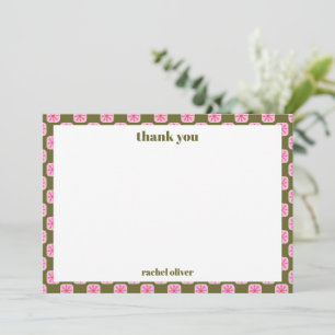 Retro Floral Checkerboard Pink Green Bat Mitzvah Thank You Card