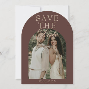 Retro Floral Chocolate Brown Photo Arched Wedding Save The Date