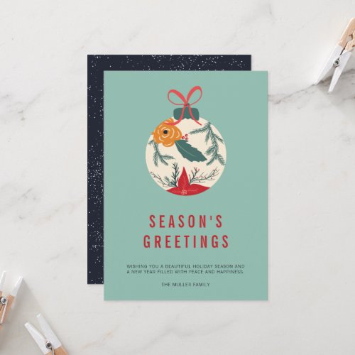 Retro floral Christmas ball bow green illustration Card