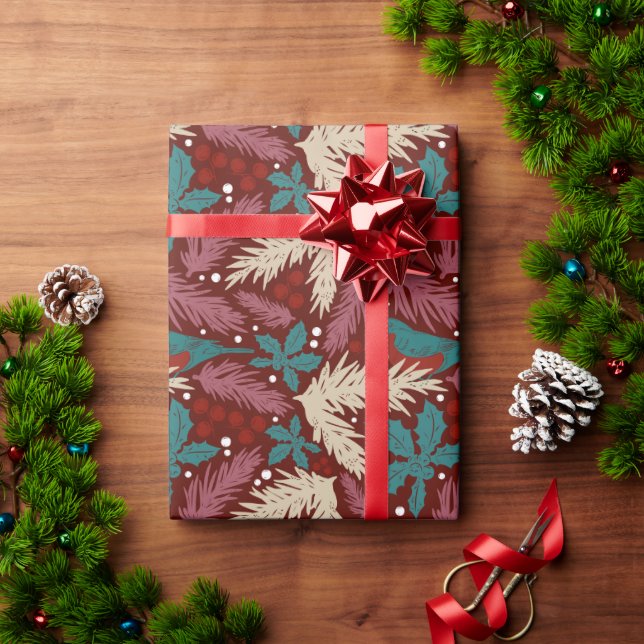 Retro Floral Christmas Red Teal Pattern Wrapping Paper (Holiday Gift)