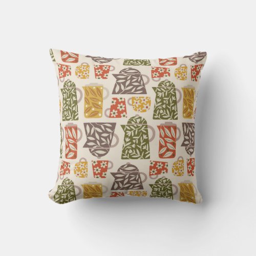 Retro Floral Coffee Pots and Cups Throw Pillow