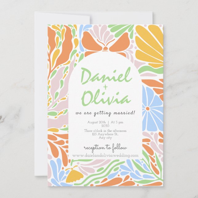 Retro Floral Colorful Frame Wedding Invitation (Front)