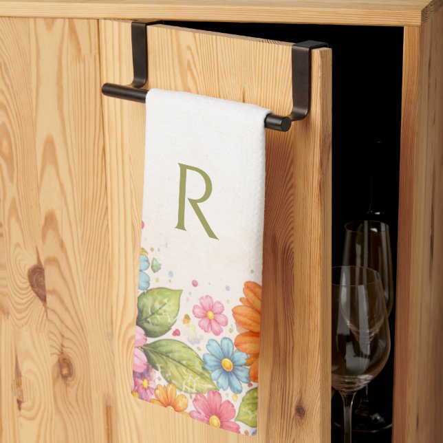 Retro Floral Colorful Monogram Kitchen Towel (Thirds Fold)