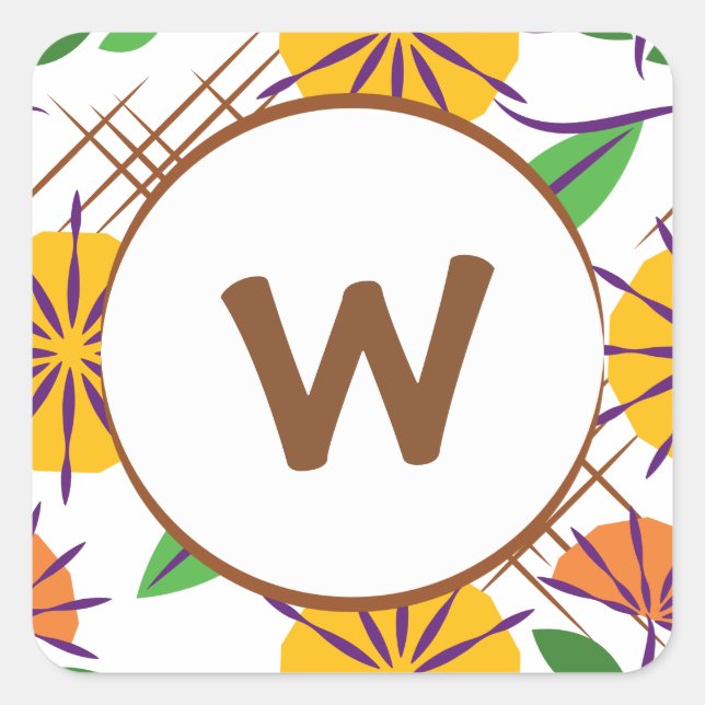 Retro Floral Contemporary Pattern Yellow + Orange Square Sticker (Front)