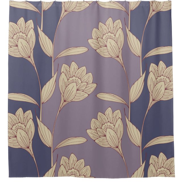 retro floral crocus wallpaper tile in blue mauve s shower curtain (Front)