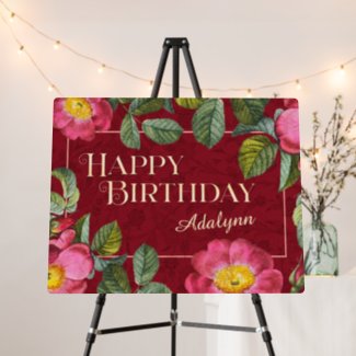 Retro Floral Custom Name Text Birthday Gift Red