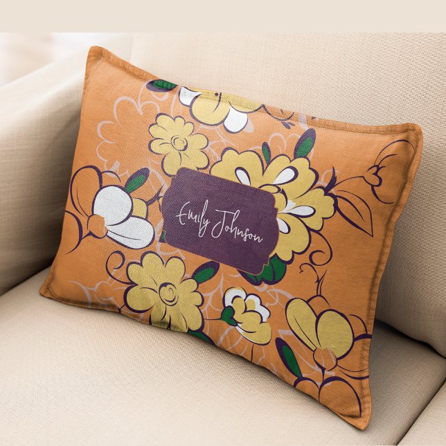 Retro Floral Daisy Orange Autumn Custom Name Accent Pillow (Retro Floral Daisy Orange Autumn Custom Name Accent Pillow)