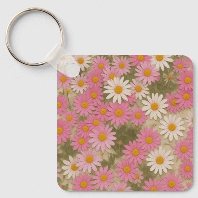 Retro Floral Daisy Pattern Aesthetic Design Keychain (Front)