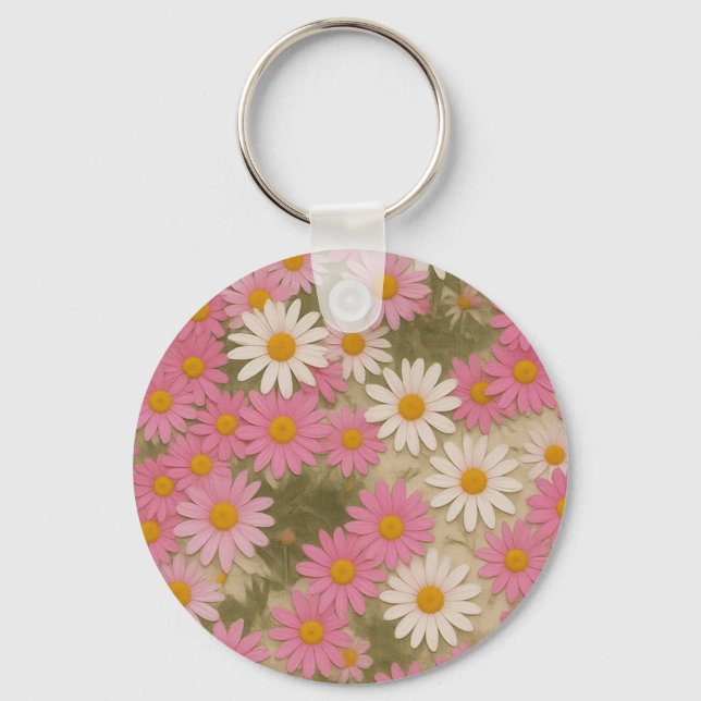 Retro Floral Daisy Pattern Aesthetic Design Keychain (Front)