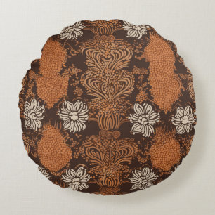 Retro Floral Damask Brown & Burnt Orange Round Pillow
