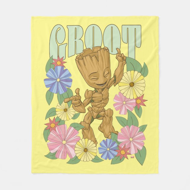 Retro Floral Dancing Kid Groot Graphic Fleece Blanket (Front)