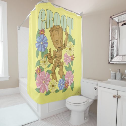 Retro Floral Dancing Kid Groot Graphic Shower Curtain