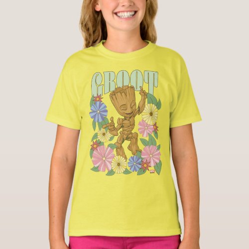 Retro Floral Dancing Kid Groot Graphic T_Shirt
