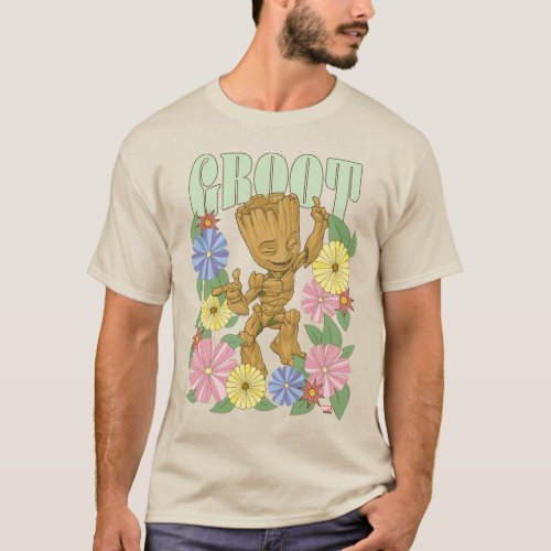 Retro Floral Dancing Kid Groot Graphic T_Shirt