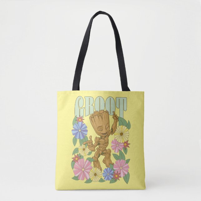 Retro Floral Dancing Kid Groot Graphic Tote Bag (Front)