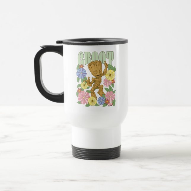 Retro Floral Dancing Kid Groot Graphic Travel Mug (Left)